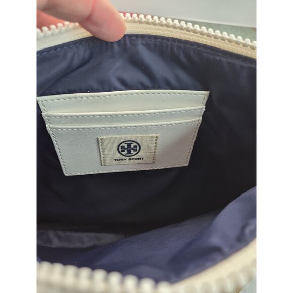 TORY BURCH Medium Nylon Cosmetic Case In Navy & White Wrist Strap 7.5 X 10 In - Picture 4 of 8